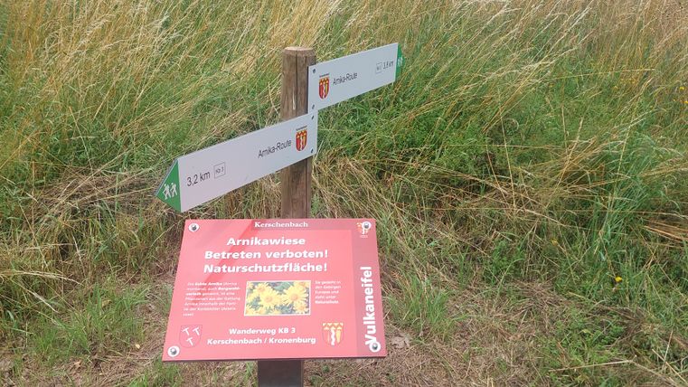 Hinweisschild zur Arnikawiese mit Betretungsverbot und Wegweiser zur Arnika-Route in einer Wiese.