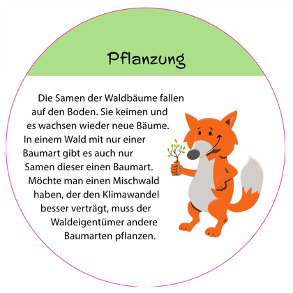 Informationsschild "Pflanzung" mit Fuchs-Maskottchen. 