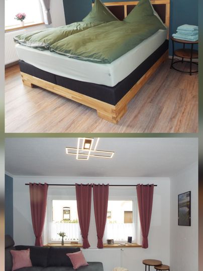 Eine gemütliche Schlafzimmeransicht mit einem großen Bett und modernen Lampen. Darunter befindet sich ein einladendes Wohnzimmer mit einem Sofa und dekorativen Vorhängen.