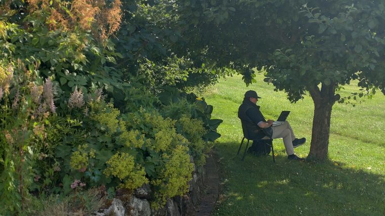 Une personne est assise à l'ombre d'un arbre et travaille sur un ordinateur portable. En arrière-plan, on voit des plantes luxuriantes et une pelouse verte.