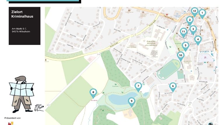 Karte des Detektiv-Trails in Hillesheim mit markierten Stationen und Zielort Kriminalhaus.