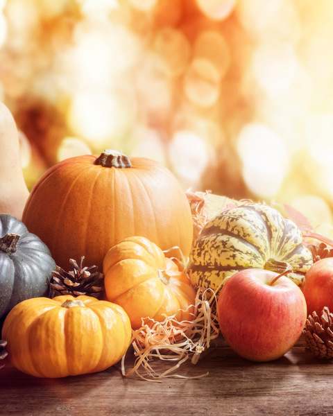 Plusieurs citrouilles colorées de différentes formes et tailles sont posées ensemble sur une table.