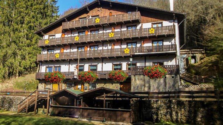 Un charmant bâtiment de style alpin avec plusieurs balcons et des jardinières fleuries. Entouré d'arbres et de nature, il dégage une atmosphère chaleureuse.