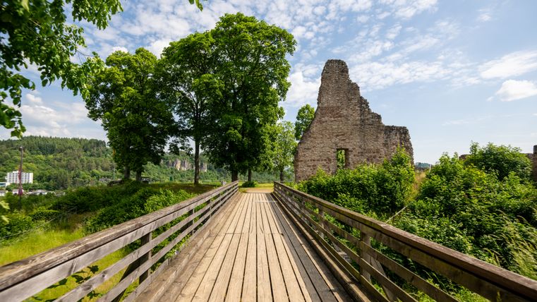 Eine nur noch in Teilen erhaltene Burgruine umgeben von blühenden Bäumen und Sträuchern. Ein Holzsteg führt zur Burg. 