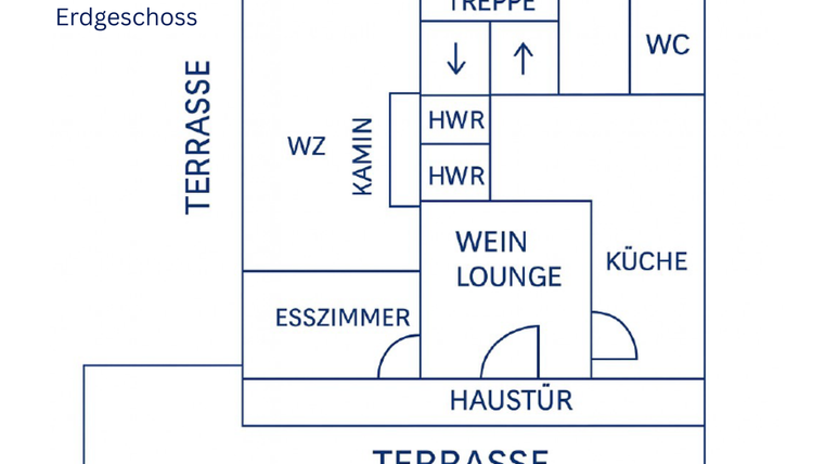 Un plan d'étage d'un rez-de-chaussée avec différentes pièces et la terrasse. On peut voir des espaces comme la cuisine, le salon et la salle de vin.