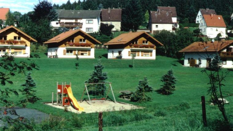 Eine ländliche Szene mit mehreren Holzhäusern in der Natur. Im Vordergrund befindet sich ein Spielplatz mit einer Rutsche und Schaukeln.