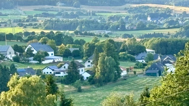 Eine malerische Landschaft mit grünen Feldern und vereinzelten Häusern. Im Hintergrund sind Windräder und sanfte Hügel zu sehen.
