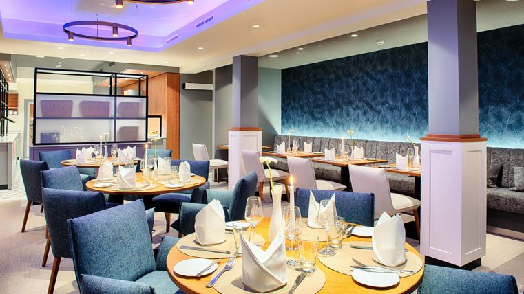 Ein modernes Restaurant mit eleganten blauen Stühlen und stilvollen Tischen. Die Atmosphäre ist hell und einladend, ideal für ein gemütliches Essen.