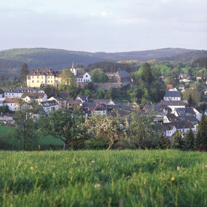 Blick auf die Stadt Daun mit grünen Hügeln im Hintergrund.