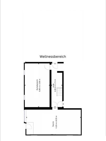 Eine Grundrisszeichnung eines Wellnessbereichs. Der Plan zeigt verschiedene Räume wie einen Ruheraum und eine Sauna.
