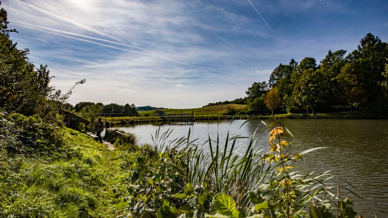 The Gerolstein reservoir is surrounded by forests and meadows. The sky is blue and the sun is shining through a few clouds.