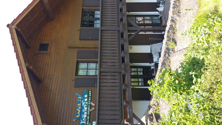 A charming wooden house with pretty windows and a balcony. In the foreground, green bushes and plants are growing.