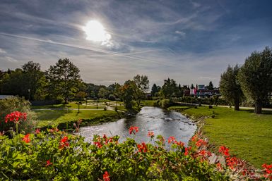 Eine grüne und blühende Parkanlage mit Fluss und tief stehender Sonne