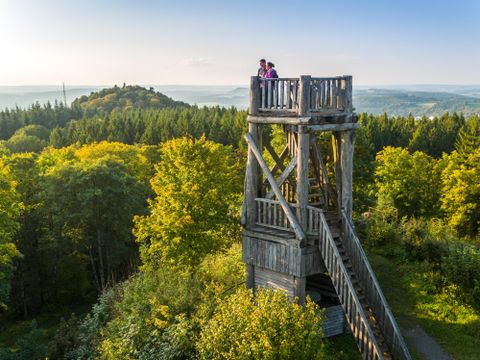 Zwei Personen stehen auf der Spitze eines großen Aussichtsturms aus Holz, welcher mitten aus einem dichten Mischwald in die Höhe ragt.