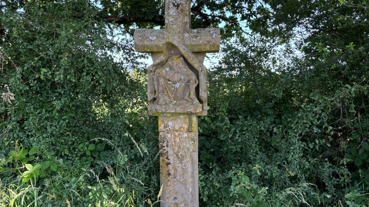 An old stone cross stands in the middle of tall grass and trees.