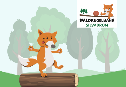 Cardboard forest landscape with fox mascot of the Silvadrom forest ball track and images of children playing on the track.