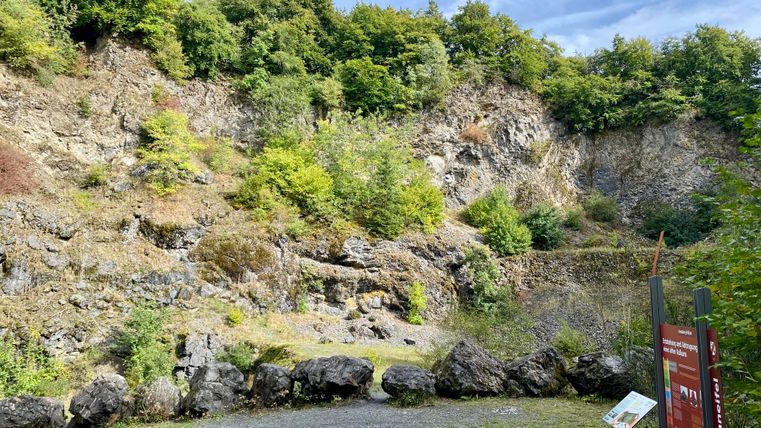 Interior view of the quarry in the Arensberg volcano with green vegetation and information boards.