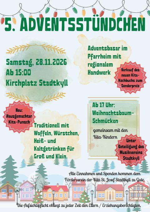 A flyer for the Advent Hour with information about a Christmas market. Waffles, sausages, and regional handicrafts will be offered.