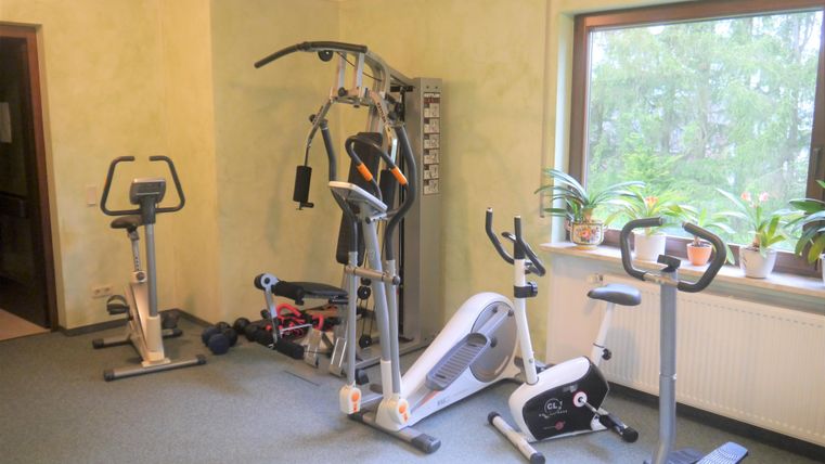 Een thuisfitnessruimte met verschillende trainingsapparaten. Naast de apparaten staan planten voor een groot raam.