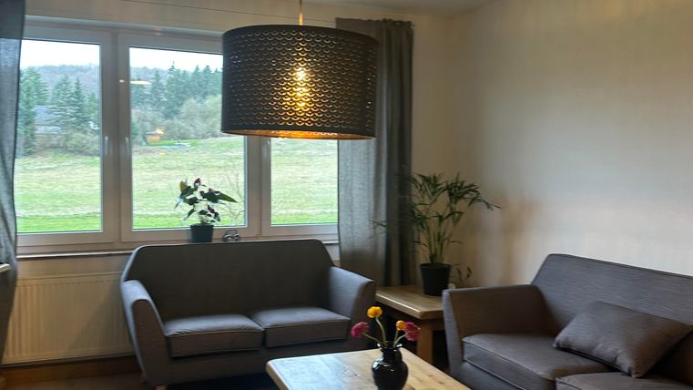 Ein gemütliches Wohnzimmer mit zwei Sofas und einem Holztisch. Große Fenster bieten einen Blick auf die umliegende Natur.