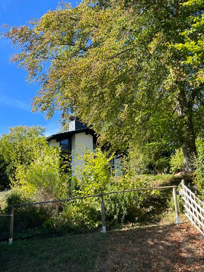 Een klein huis omringd door bomen en een heldere blauwe lucht. De sfeer lijkt rustig en idyllisch.