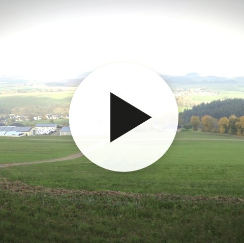Blick auf die Eifellandschaft auf der Kylltal-Runde bei Hillesheim mit Video-Playbutton im Vordergrund.