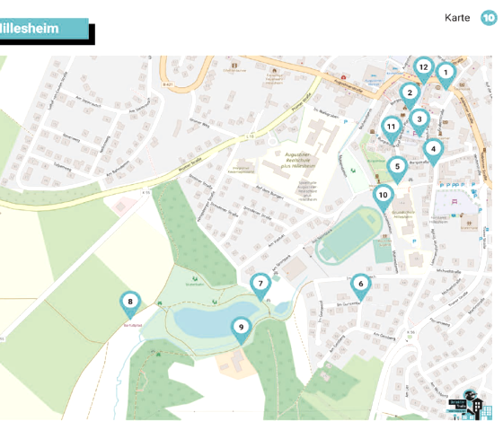 &Uuml;bersichtskarte der Stadt Hillesheim mit eingezeichneten Stationen f&uuml;r den Detektiv-Trail Hillesheim