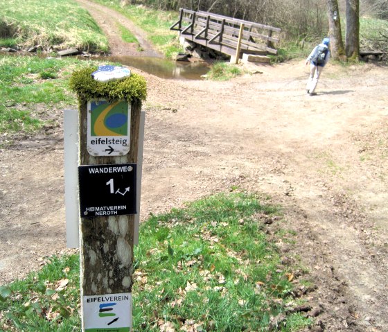 A hiking trail with a signpost for the Eifelsteig. A person walks towards a wooden bridge, surrounded by green nature., &copy; Touristik GmbH Gerolsteiner Land, Ute Klinkhammer