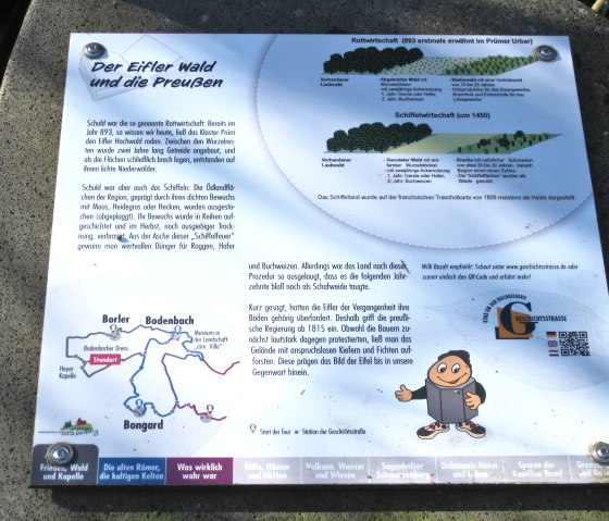Information board about the Eifel Forest and the Prussians, with texts on the Rott and Schiffel economy, maps and illustrations. QR code and logo of the history route., © Touristik GmbH Gerolsteiner Land, Ute Klinkhammer