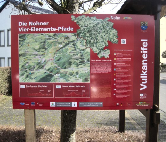 Rood informatiebord over de Nohn Vier Elementen Trails in de Vulkaaneifel, met kaart en wandelroutes., &copy; Touristik GmbH Gerolsteiner Land, Ute Klinkhammer