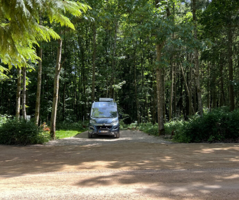 Ein dunkler Wohnwagen fährt auf den Stellplatz auf. Der Stellplatz liegt mitten im Wald