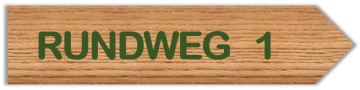 A wooden sign in the shape of an arrow with the green inscription 'RUNDWEG 1'., &copy; Touristik GmbH Gerolsteiner Land