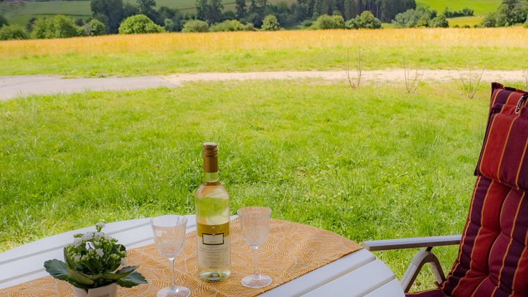 Ein Tisch mit einem Weinglas und einer Flasche Wein steht inmitten einer grünen Landschaft. Im Hintergrund sind Hügel und Felder zu sehen.