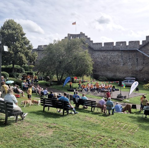 zahlreiche Personen sitzen auf Stühlen und Decken auf einer Wiese im Park und schauen zur kleinen Bühne mit Musikverein und Lesern vor der Hillesheimer Stadtmauer
