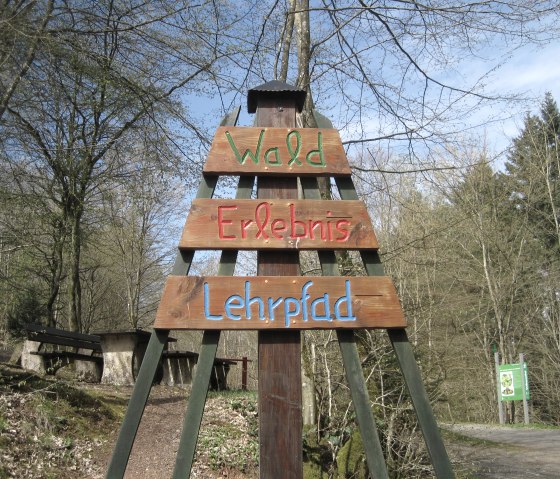Holzschild mit bunter Aufschrift 'Wald Erlebnis Lehrpfad' im Wald. Im Hintergrund sind B&auml;ume und ein Weg zu sehen., &copy; Touristik GmbH Gerolsteiner Land, Ute Klinkhammer