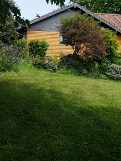 Een gezellig houten huis met een kleurrijke tuin. Het gras is goed onderhouden en er zijn verschillende planten en bloemen te zien.