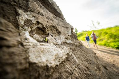 Massive Gesteinsschichten im Vordergrund, an der zwei Wanderer vorbeilaufen.