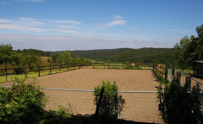 Een rijdbare oppervlakte omringd door natuur en een heldere lucht. Op de achtergrond zijn zachte heuvels en bomen te zien.
