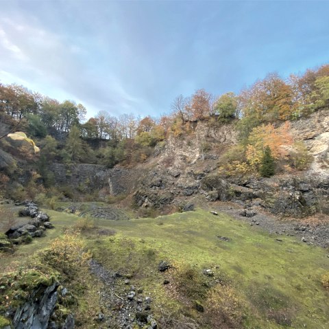 Herbstliche Landschaft mit Felsen und buntem Laub. Grüne Wiese im Vordergrund, Bäume mit Herbstlaub auf den Felsen im Hintergrund.