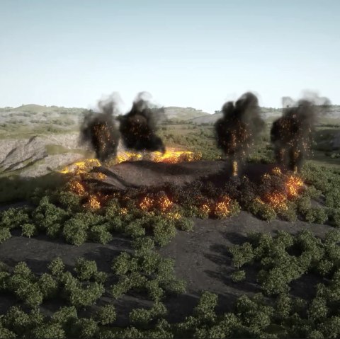Visualisatie van een exploderende vulkaankegel in een bosrijk landschap