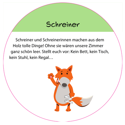 Informationsschild "Schreiner" mit Fuchs-Maskottchen.