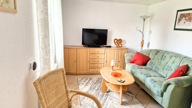 Un salon confortable avec un canapé vert et une table basse. À côté du canapé se trouve une télévision sur un meuble en bois.