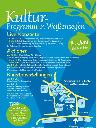 Ein buntes Plakat für ein Kulturprogramm in Weißenseifen. Es zeigt Informationen zu Live-Konzerten, Aktionen für Kinder und Kunstausstellungen am 14. Juni.
