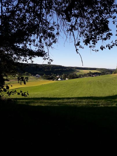 Ein malerisches Landschaftsbild mit sanften Hügeln und grünem Gras. Im Hintergrund sind kleine Häuser und ein klarer blauer Himmel zu sehen.