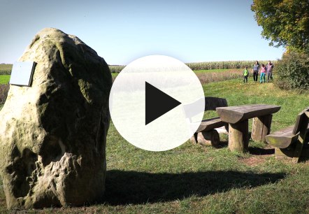 Wandelaars in het wandelgebied Hirschbergsattel bij Birgel met videoplayknop op de voorgrond.