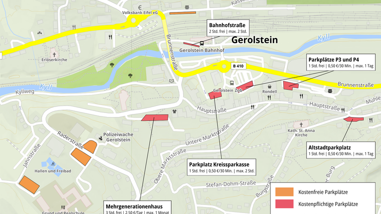 Kartenausschnitt der Stadt Gerolstein mit farblich gekennzeichneten parkplätzen - kostenfrei und gebürenpflichtig.