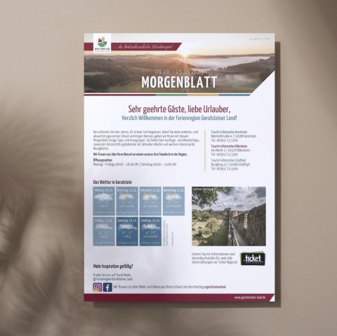 Titelseite Morgenblatt der Ferienregion Gerolsteiner Land mit Willkommensschreiben und Wettervorhersage.