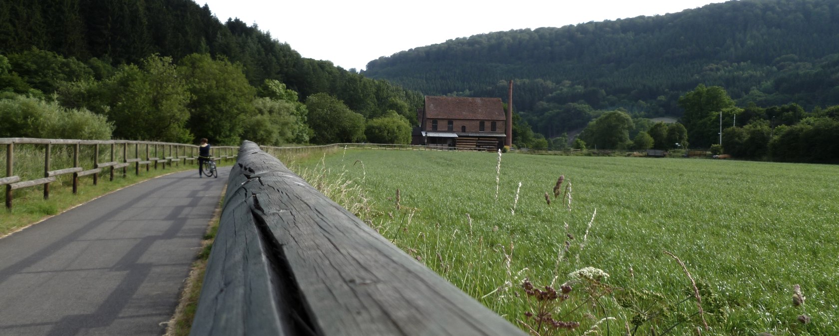 Een fietspad loopt door een groen landschap, omzoomd door een houten hek. Op de achtergrond zijn een huis en beboste heuvels te zien., © Touristik GmbH Gerolsteiner Land
