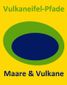 Logo van de Vulkaaneifelpaden met een gestileerde maar in groen en blauw op een gele achtergrond.