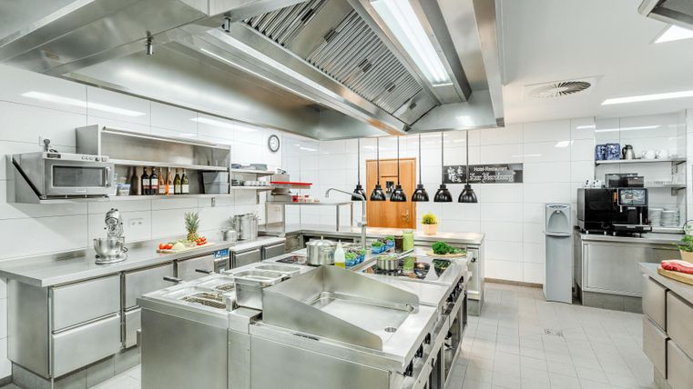 Eine moderne Küche mit Edelstahl-Geräten und viel Arbeitsfläche. Im Hintergrund sind Küchenutensilien und frische Zutaten zu sehen.